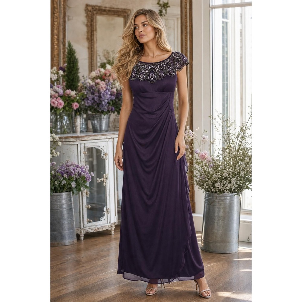 Xscape Beaded Evening Gown Women's 2P Purple Formal Maxi Dress Ruched Elegant